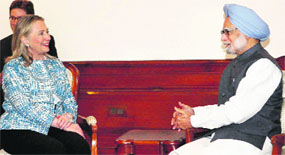  US Secretary of State Hillary Clinton during her meeting with PM Manmohan Singh in New Delhi on Monday. 