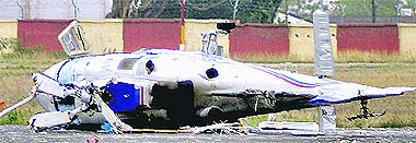 The wreckage of Mundas Pawan Hans at the Ranchi airport. 