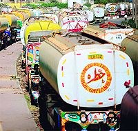 Fuel tankers used to transport fuel to NATO forces in Afghanistan, parked near oil terminals in Karachi