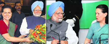 The PM and Sonia Gandhi just after UPAs win in 2009 (left) and their recent picture