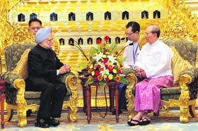 Prime Minister Manmohan Singh and Myanmars President Thein Sein during a meeting in Nay Pyi Taw on Monday