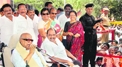 DMK chief M Karunanidhi addresses a protest against petrol price hike in Chennai on Wednesday. PTI