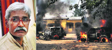 Ranvir Sena chief Brahmeshwar Singh, who was killed in Ara, Bhojpur district, on Friday; and (right) vehicles torched by his angry supporters.