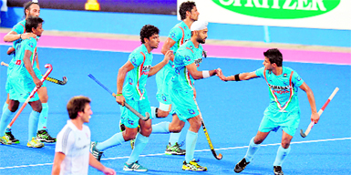 Sandeep Singh (C) celebrates scoring a goal with teammates during the third place play-off against Britain in Sultan Azlan Shah Hockey Tournament in Ipoh (Malaysia) on Sunday.