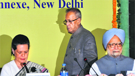 PM Manmohan Singh, Congress president Sonia Gandhi and FM Pranab Mukherjee (C) during a Congress Working Committee meeting in New Delhi.