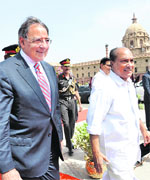 Leon Panetta with AK Antony at South Block in New Delhi on Wednesday. 