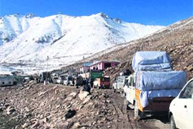 Stranded vehicles at the Khardungla in Leh in Jammu and Kashmir