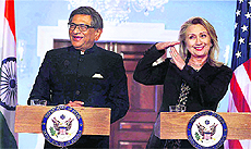 External Affairs Minister SM Krishna and US Secretary of State Hillary Rodham Clinton in Washington on Wednesday.