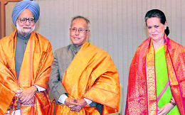 Pranab Mukherjee with PM Manmohan Singh and Congress chief Sonia Gandhi soon after his name was proposed as the UPAs Presidential candidate on Friday.