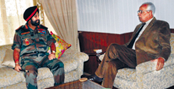 Army Chief Gen Bikram Singh (L) with Jammu and Kashmir Governor NN Vohra on Friday.