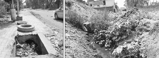An open manhole and (right) a nullah at Phase VII Industrial Area in Mohali