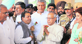 UPA presidential candidate Pranab Mukherjee with Congress leaders in Chandigarh on Sunday.