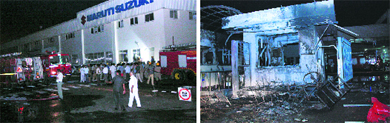 Policemen and fire fighters outside Marutis Manesar plant, (R) a damaged portion of the factory. Tribune photos