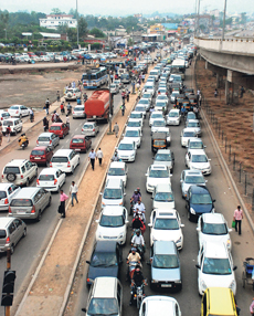 Vehicles stuck in a traffic jam in Zirakpur on Sunday.