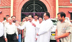 Former CM Ramesh Pokhriyal Nishank, along with other BJP leaders, comes out of the Suddhowala jail after meeting Balkrishan in Dehradun on Saturday. A Tribune photograph