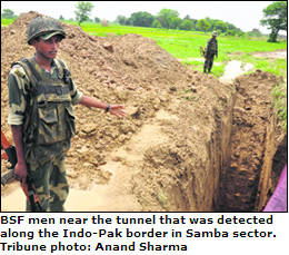 BSF men near the tunnel that was detected along the Indo-Pak border in Samba sector. 