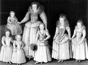 Barbara Gamage, Countess of Leicester, with her six children in farthingale supported by crinoline, popular from the 15th to early 19th century