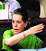 Sonia Gandhi gestures angrily in Parliament on Wednesday