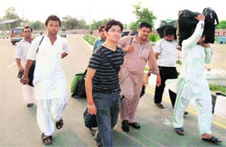 Hindu pilgrims from Pakistan at the Attari-Wagah border on Friday. A Tribune photograph