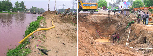 The Ludhiana Municipal Corporation has been dumping sewage into the Sidhwan Canal after a sewer was damaged during digging work on the expressway; and repair work being undertaken to fix the pipe.