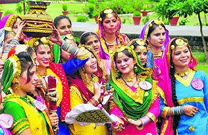 Girls of the Arya College for Women celebrate Teej festival in Ludhiana