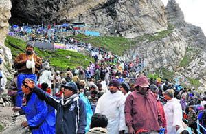Pilgrims near the holy cave during the Amarnath yatra. 