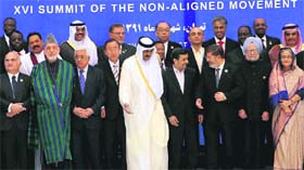 Prime Minister Manmohan Singh and other leaders at the NAM Summit in Tehran on Thursday