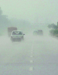 Heavy rain on the NH-1 in Doraha gives motorists a tough time on Thursday.