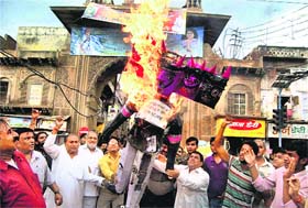 Traders burn an effigy of the UPA government during a protest against retail FDI in Mathura