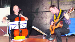 Gustavo Tavares from Brazil (left) and Anders Oien from Norway perform at a Spicmacay programme in Dehradun on Wednesday.