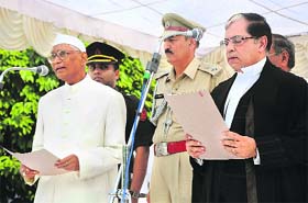 Haryana Governor Jagan Nath Pahadia administers oath to Justice A K Sikri as the Chief Justice of Punjab and Haryana High Court
