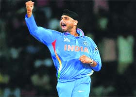 Harbhajan Singh celebrates the wicket of England's Jonny Bairstow during an ICC Twenty20 World Cup match in Colombo on Sunday