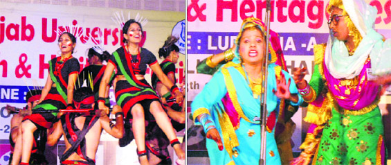 Students take part in a dance programme during the Panjab University Zonal Youth and Heritage Festival; and (right) girls present an item during the event.