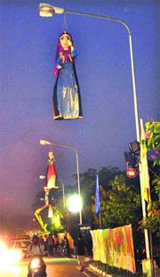 Puppets have been hung from lampposts to decorate the city for the upcoming CITCO Street Art and Food Festival at the Sukhna Lake in Chandigarh on Friday.