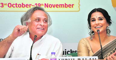 Union Rural Development Minister Jairam Ramesh and actress Vidya Balan address a press conference on the launch of Nirmal Bharat Yatra, an initiative to spread sanitation awareness, in New Delhi on Friday.