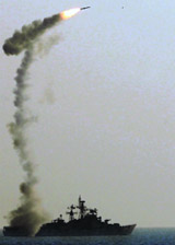 The BrahMos lifts off from INS Teg during a trial.