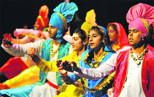Students of Sacred Souls School perform bhangra during founder's day celebrations at Tagore Theatre in Chandigarh on Wednesday.