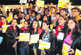 Students of the PEC University of Technology pose with their degrees during their 42nd convocation in Chandigarh on Saturday.