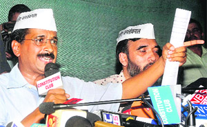 Arvind Kejriwal addresses mediapersons in New Delhi on Wednesday. 