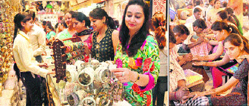 Women choose bangles at a shop in Sector 22 in Chandigarh; and (right) rush for mehndi application in the market.