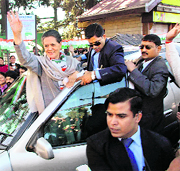 UPA chairperson waves to the crowd after a rally in Shimla on Tuesday.