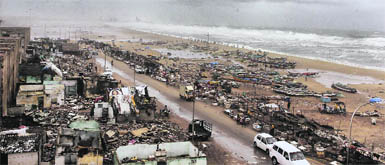 A bird eye view of Marina beach during Cyclone Nilam in Chennai on Wednesday. 