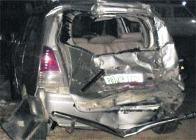 The mangled remains of the Totyota Innova that met with an accident near Jagraon on Saturday night