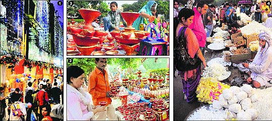 An illuminated market in Sector 22. 2) A boy sells the traditional lamps in Sector 11. 3) A woman buys earthen lamps in Sector 20. 4) Residents buy the traditional eatables in Sector 22 in Chandigarh on Monday