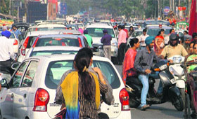 Traffic chaos near the Ghumar Mandi Chowk on the eve of Divali in Ludhiana.
