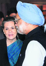 PM Manmohan Singh and AICC chief Sonia Gandhi after the UPA coordination committee meet in New Delhi on Tuesday. 