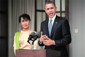 Pro-democracy leader Aung San Suu Kyi with US President Barack Obama, who visited Myanmar recently.