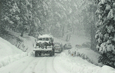 Traffic crawls after the seasons first heavy snowfall in Gulmarg on Thursday.