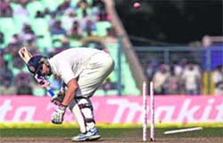 Yuvraj Singh gets clean bowled on Day 4 of the 3rd Test in Kolkata