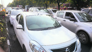 A view of a traffic jam on the road separating Sectors 18 and 8 in Chandigarh on Monday.